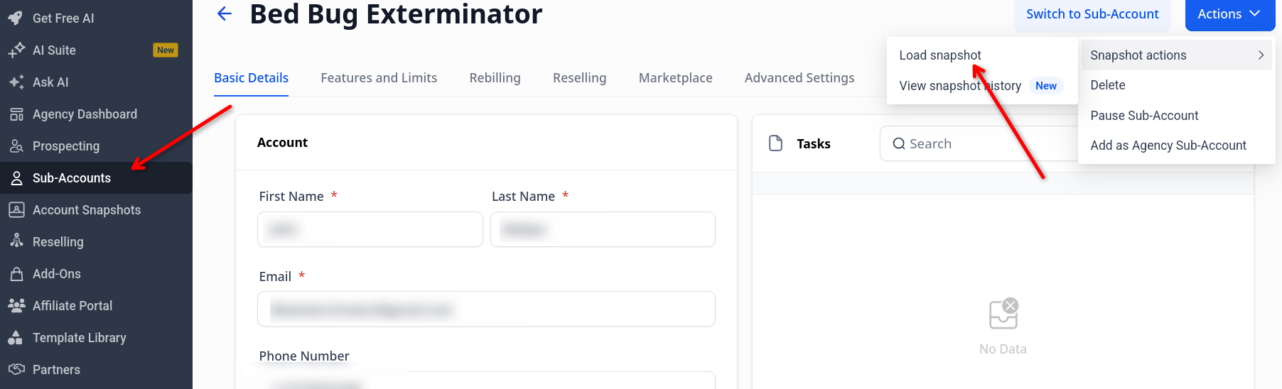Actions > Load Snapshot into the sub-account