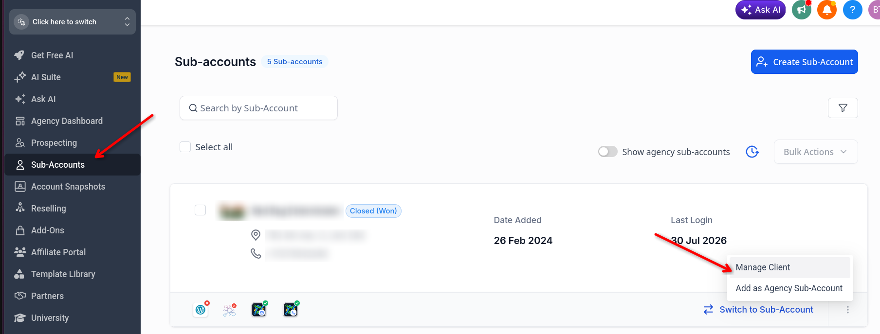 Sub-Accounts: open the account's management page
