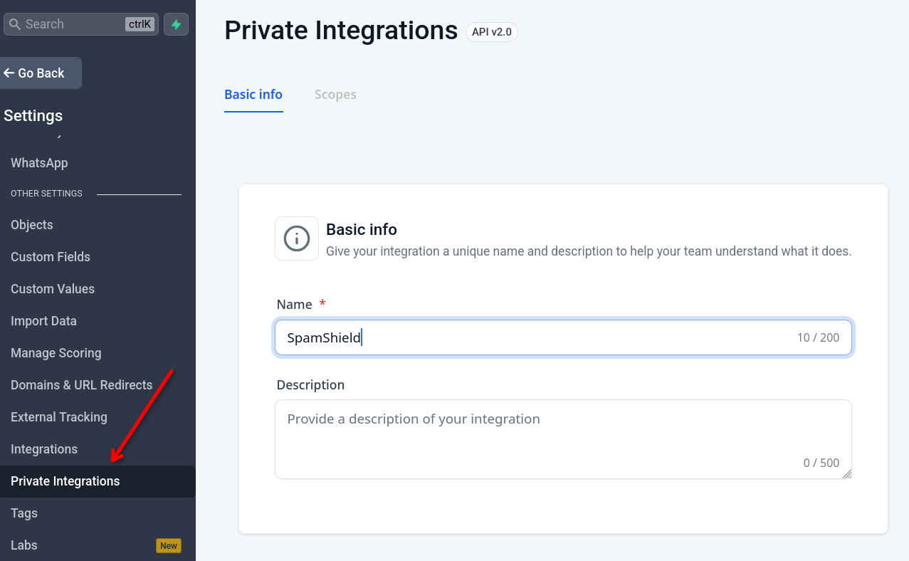 Creating the private integration with the five required scopes