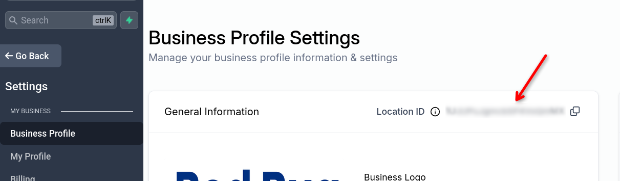 The Location ID in Settings > Business Profile